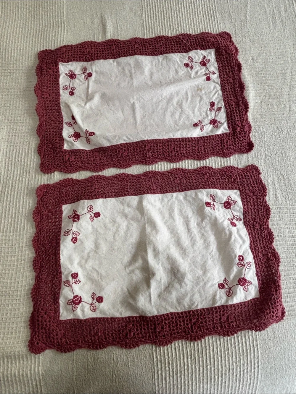 Vintage Handmade Crochet-Edge Placemat Set with Burgundy Embroidery